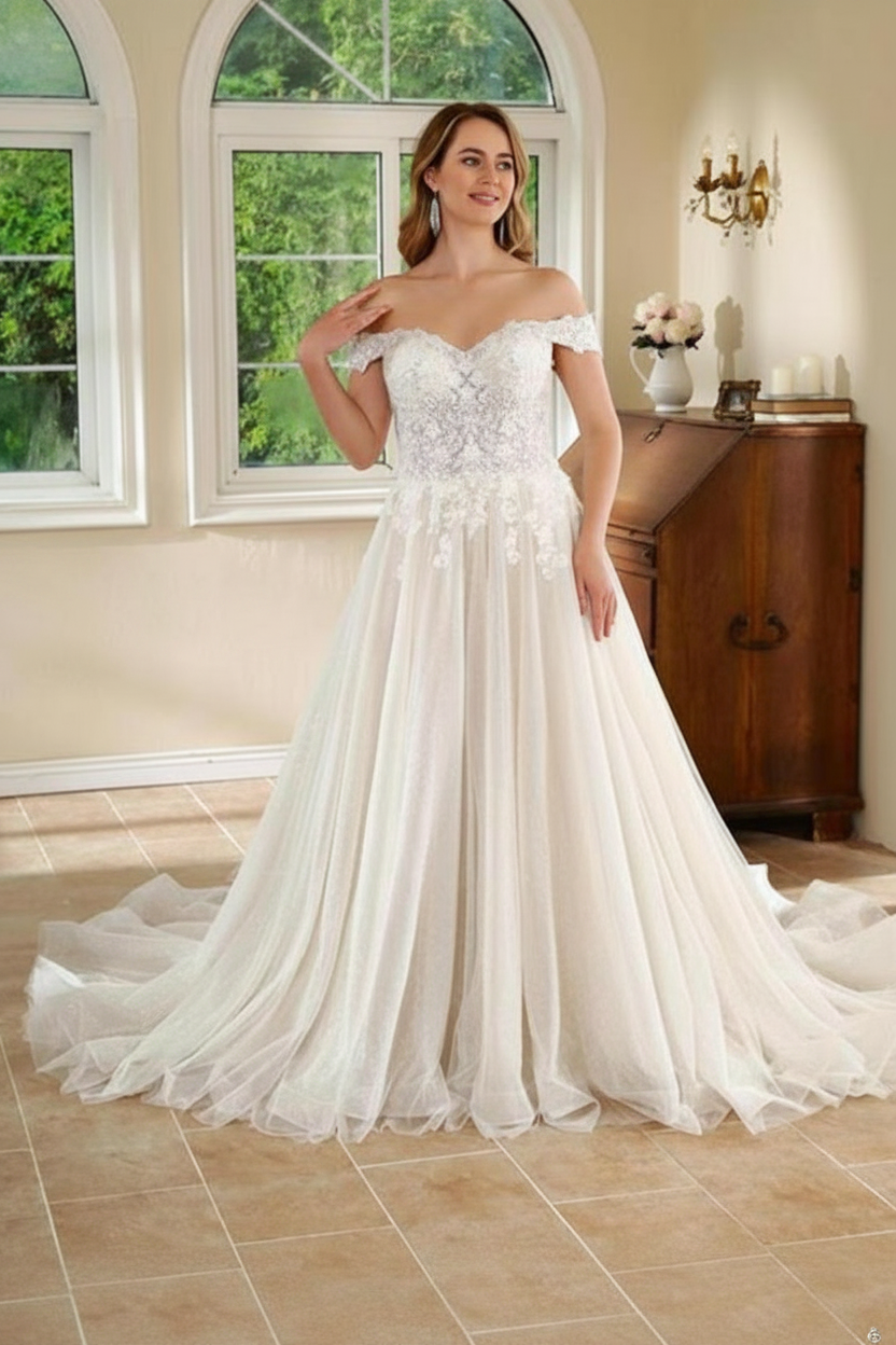 Vestido de novia de corte A con puños de encaje y hombros descubiertos 