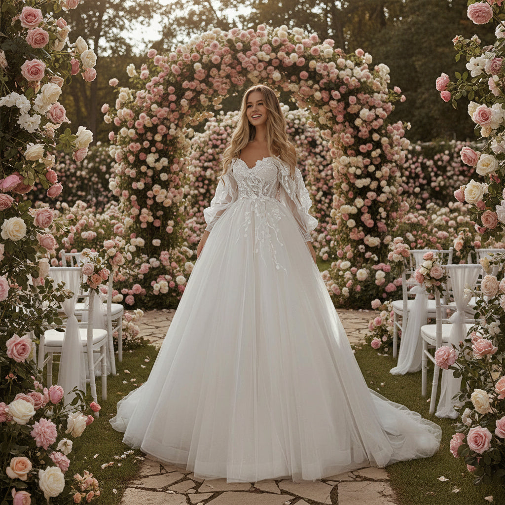 Boho Wedding Dress Tulle Off The Shoulder Sleeve Bridal Gown, Indulge in a dreamy moment with our Lace Tulle Boho Wedding Dress. The sweetly