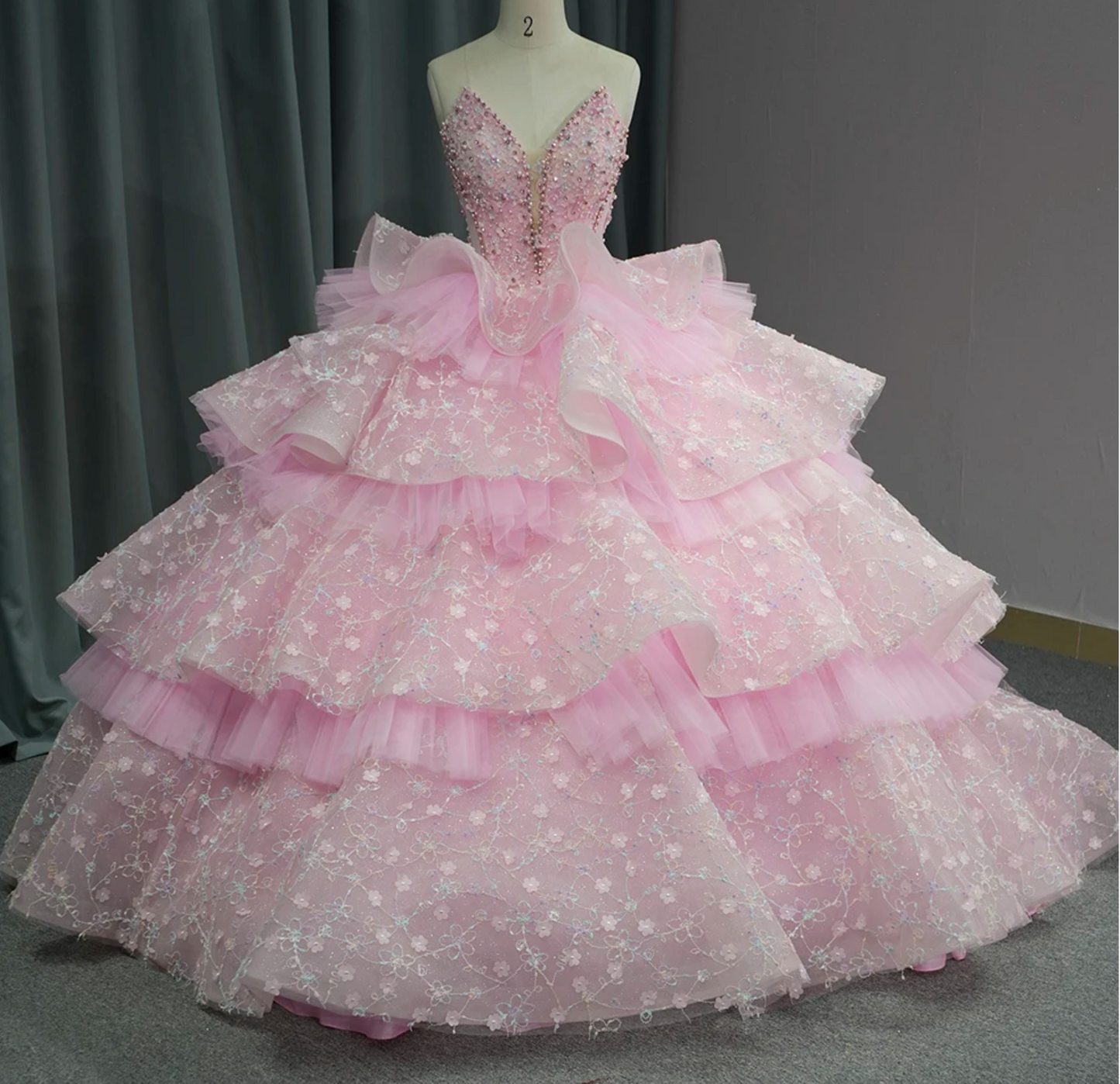Quinceanera Dress Pink Ruffled Tulle Organza Sweet 16 Ball Gown, Transport yourself to a world of elegance and feminine style with this pink lace beaded 