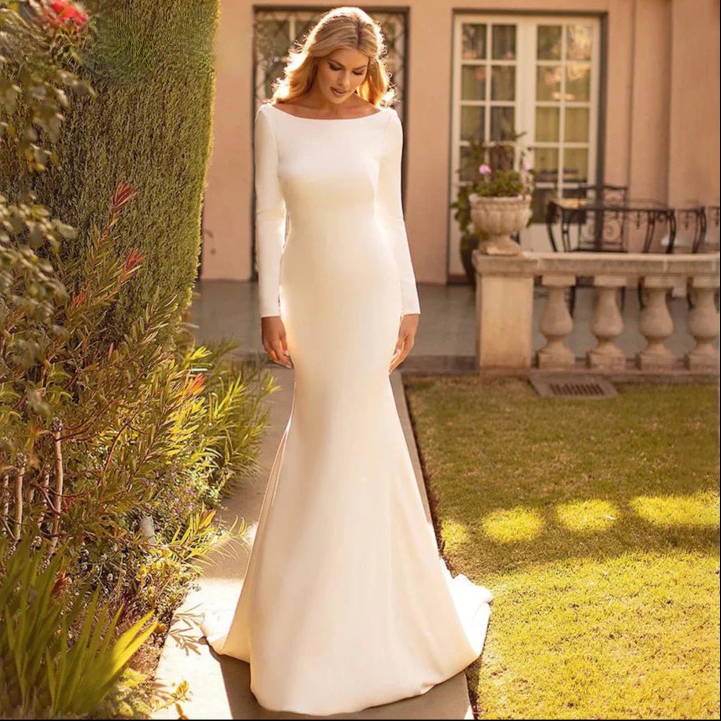 Boho Wedding Dress Satin Cowl Back Mermaid Bridal Gown, Indulge in the luxurious elegance of our Satin Cowl Back Mermaid Wedding Dress. Crafted from silky satin,