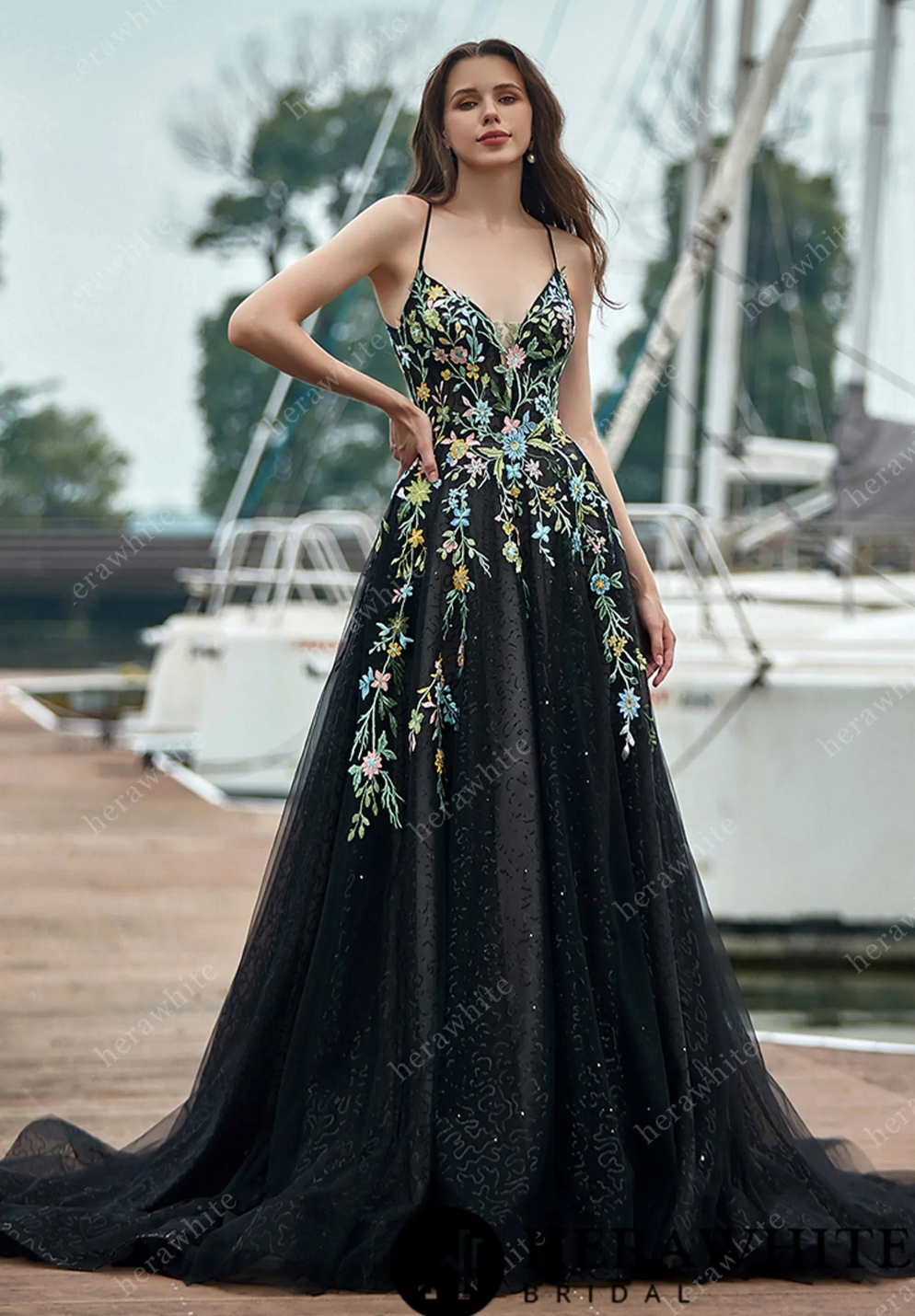 V Neck Spaghetti Straps with Colorful Lace Wedding Dress