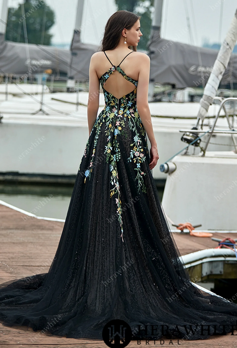 V Neck Spaghetti Straps with Colorful Lace Wedding Dress