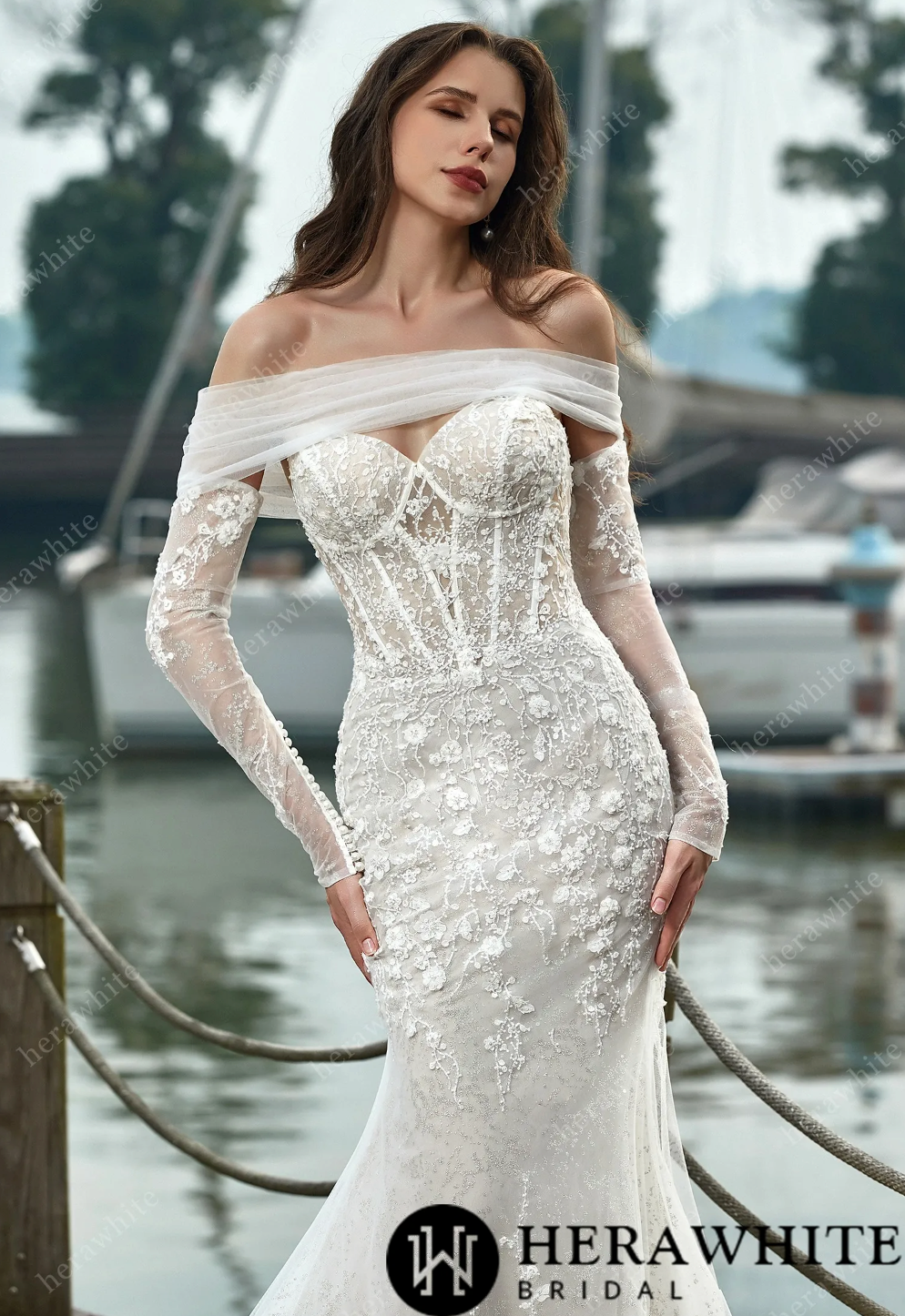 Sequin lace wedding dress with long sleeves, corset bodice, and floral details, perfect for brides.