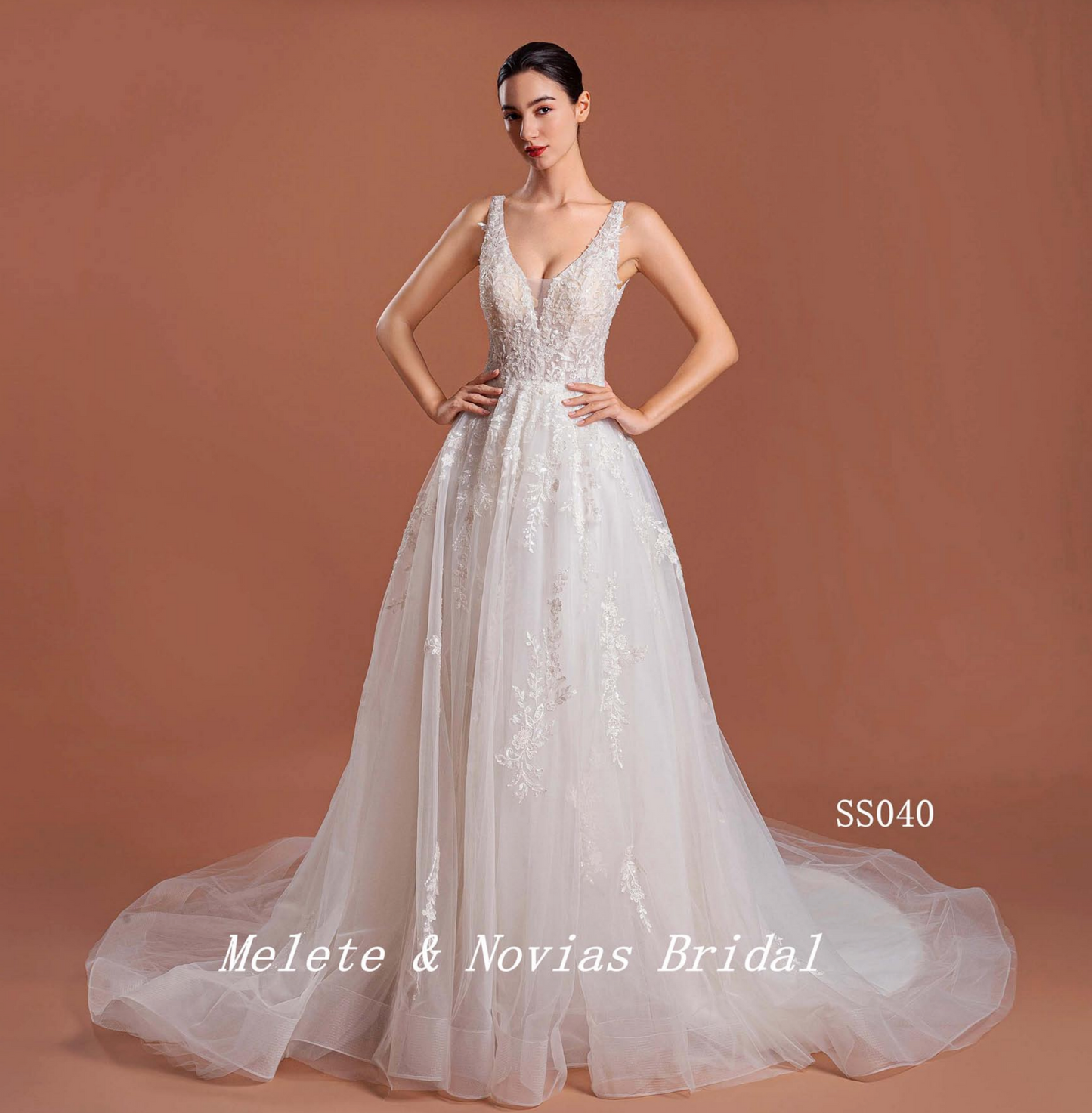 Vestido de novia clásico de corte A con tul, encaje y escote en V