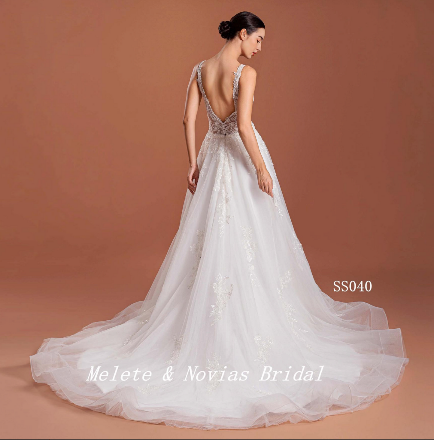 Vestido de novia clásico de corte A con tul, encaje y escote en V