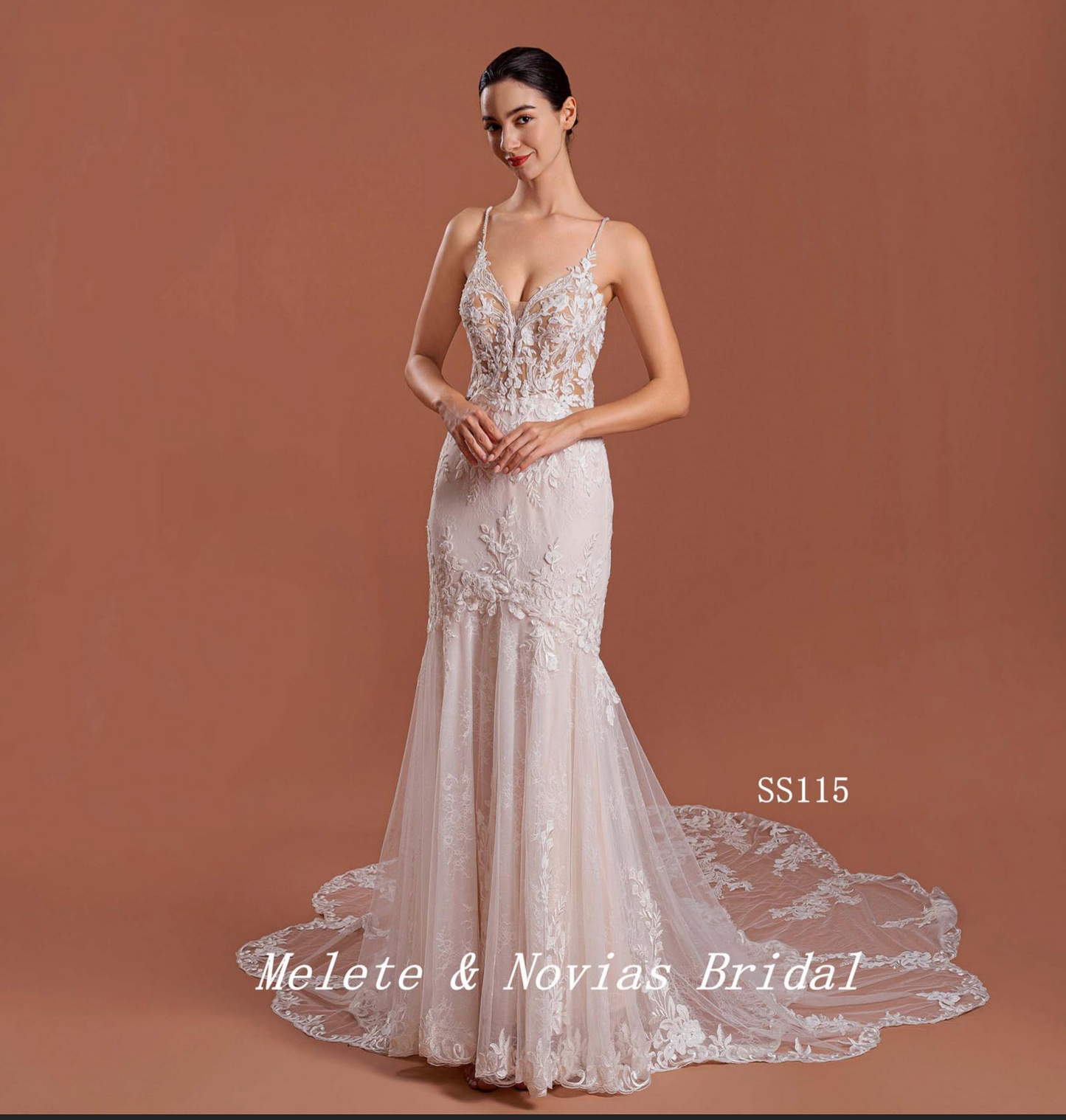 Vestido de novia vintage de tul con encaje y corte trompeta
