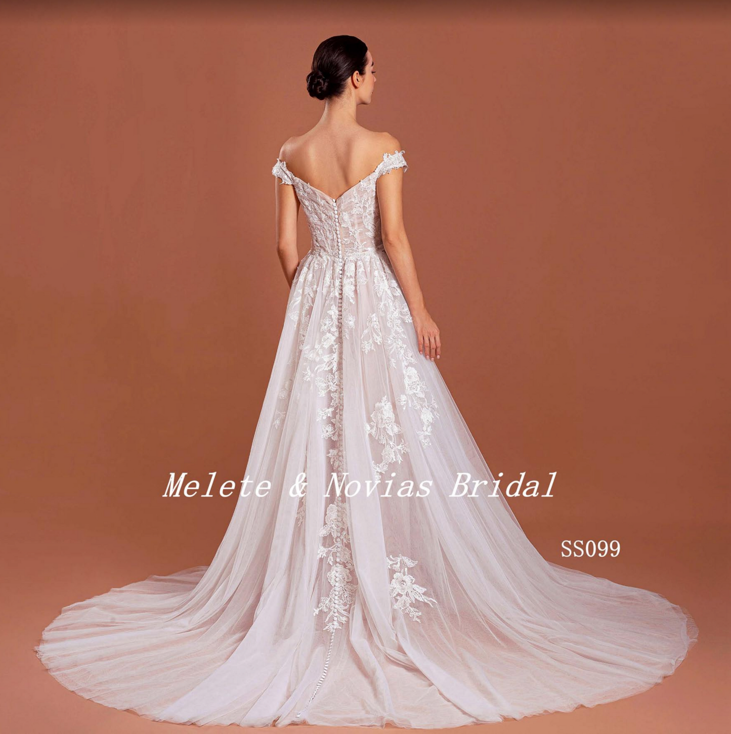 Vestido de novia de corte A con espalda abotonada y encaje de tul