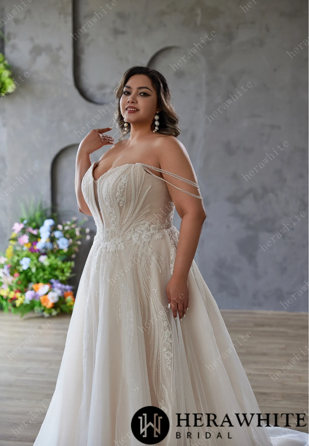 Plus Size Wedding Dress Off-Shoulder Tulle Gown Embroidery