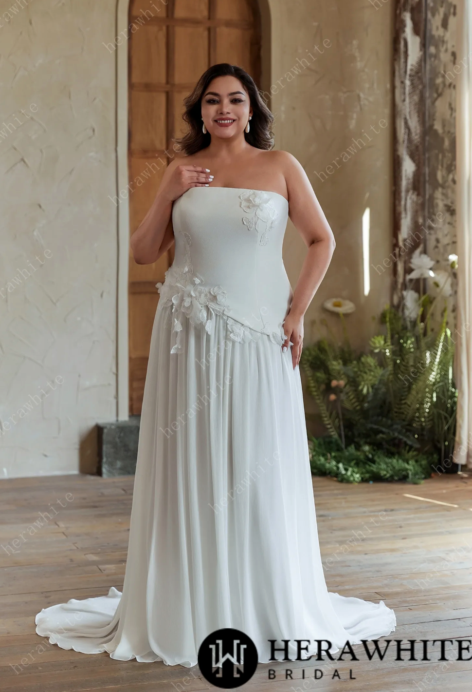 Plus Size Wedding Dress Chiffon Gown with 3D Floral Accents 16 / Ivory