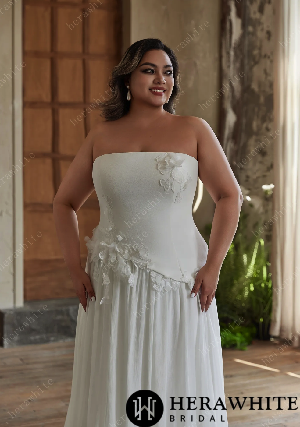 Plus Size Wedding Dress Chiffon Gown with 3D Floral Accents 16 / Ivory