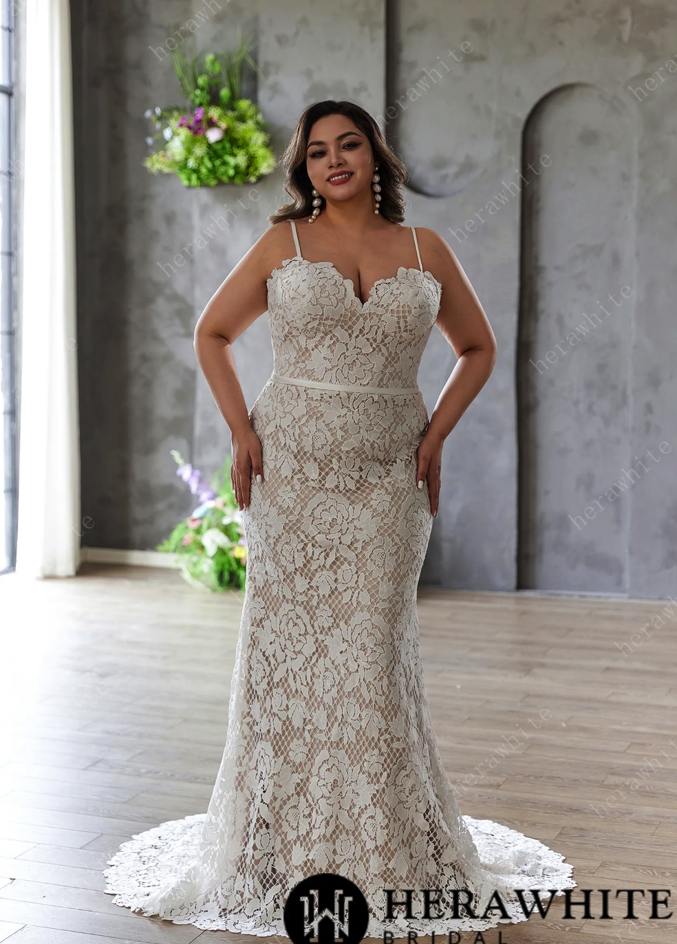 Plus Size Wedding Dress Flower Lace Fit and Flare Gown 16 / Ivory
