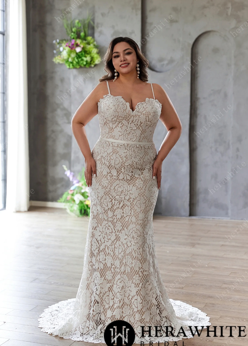 Plus Size Wedding Dress Flower Lace Fit and Flare Gown