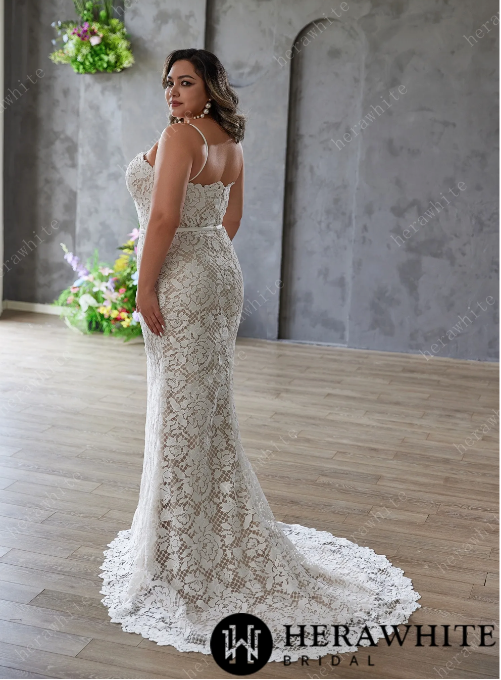 Plus Size Wedding Dress Flower Lace Fit and Flare Gown
