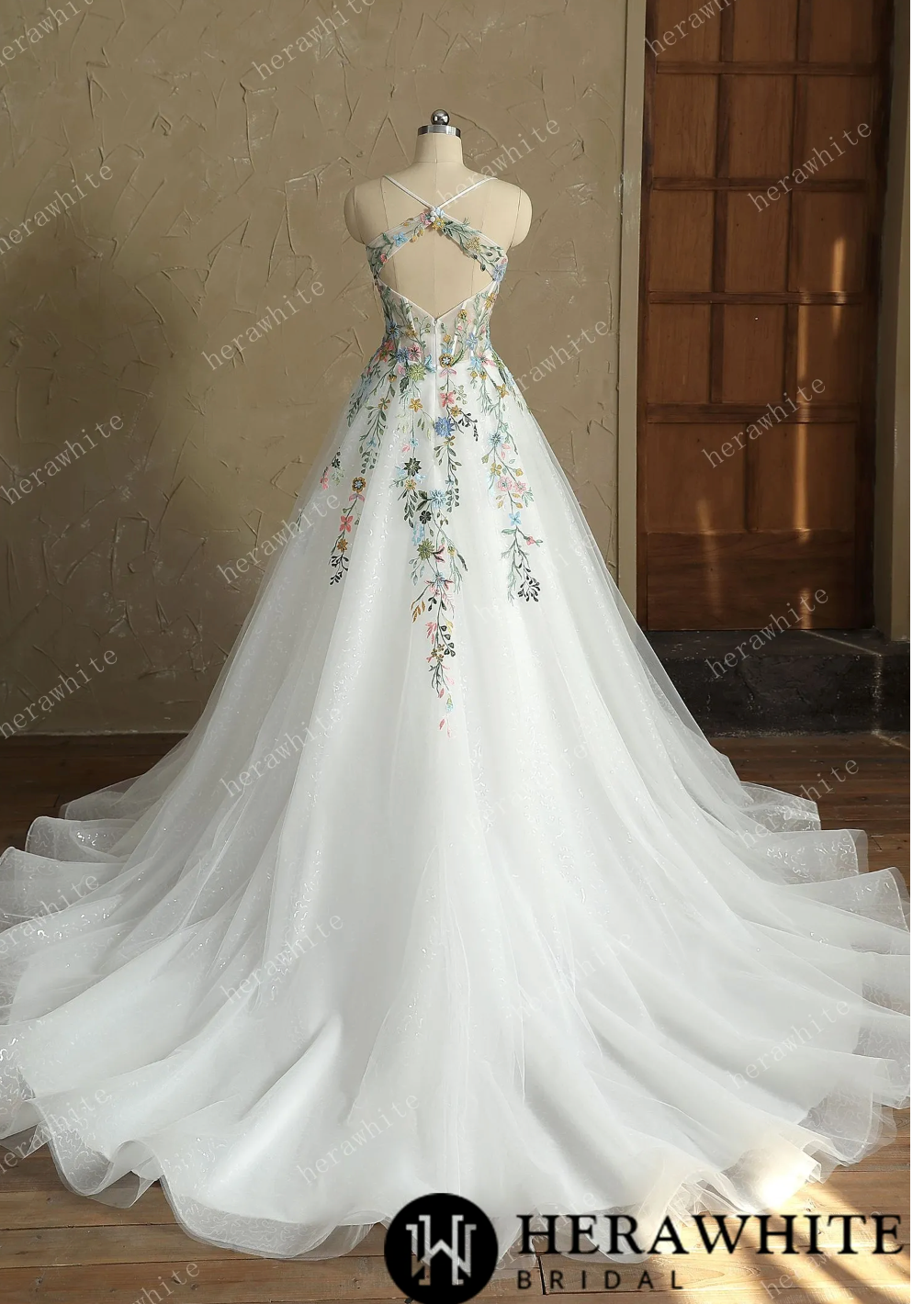 Elegant V Neck spaghetti strap wedding dress with colorful lace appliques and flowing tulle skirt, showcasing a romantic back design.