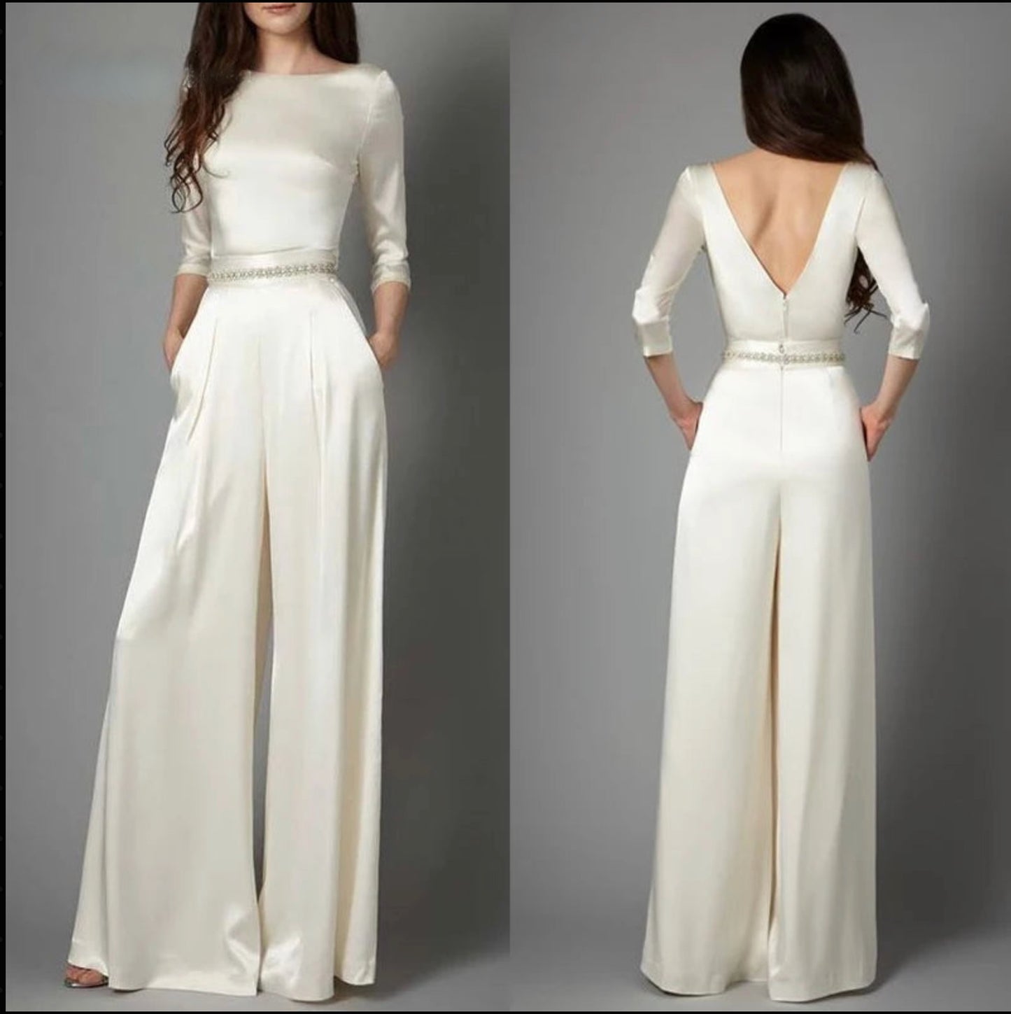Wedding Jumpsuit Lace Bridal Pants Suit, This sophisticated jumpsuit features a long-sleeve top, wide-leg pants, and a fitted waist sash 
