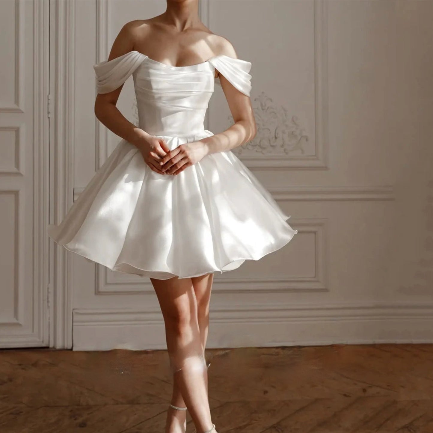 Mini Wedding Dress Simple Off Shoulder A-Line Short Satin