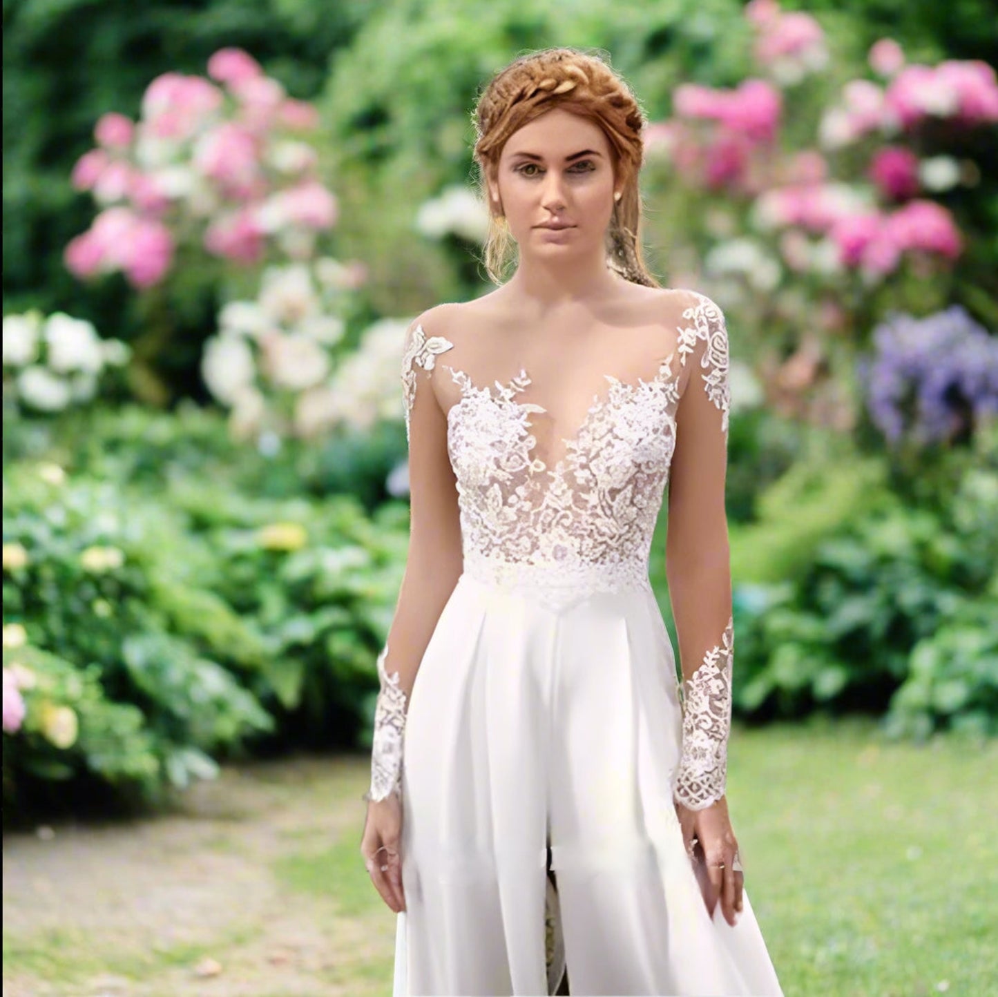 Wedding Jumpsuit Lace Beach Boho Bridal Suit, Unleash your inner bohemian with our Wedding Jumpsuit! This unique and stunning lace jumpsuit features an illusion lace bodice