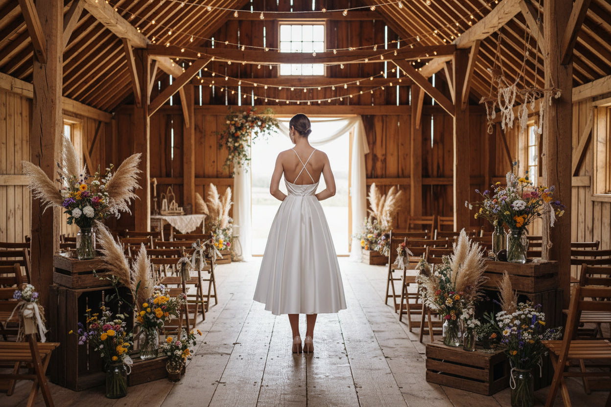 Tea Length Wedding Dress Simple A Li ne Matt Satin Bridal Attire, embrace effortless romance in this charming tea-length wedding dress that perfectly captures boho-chic elegance