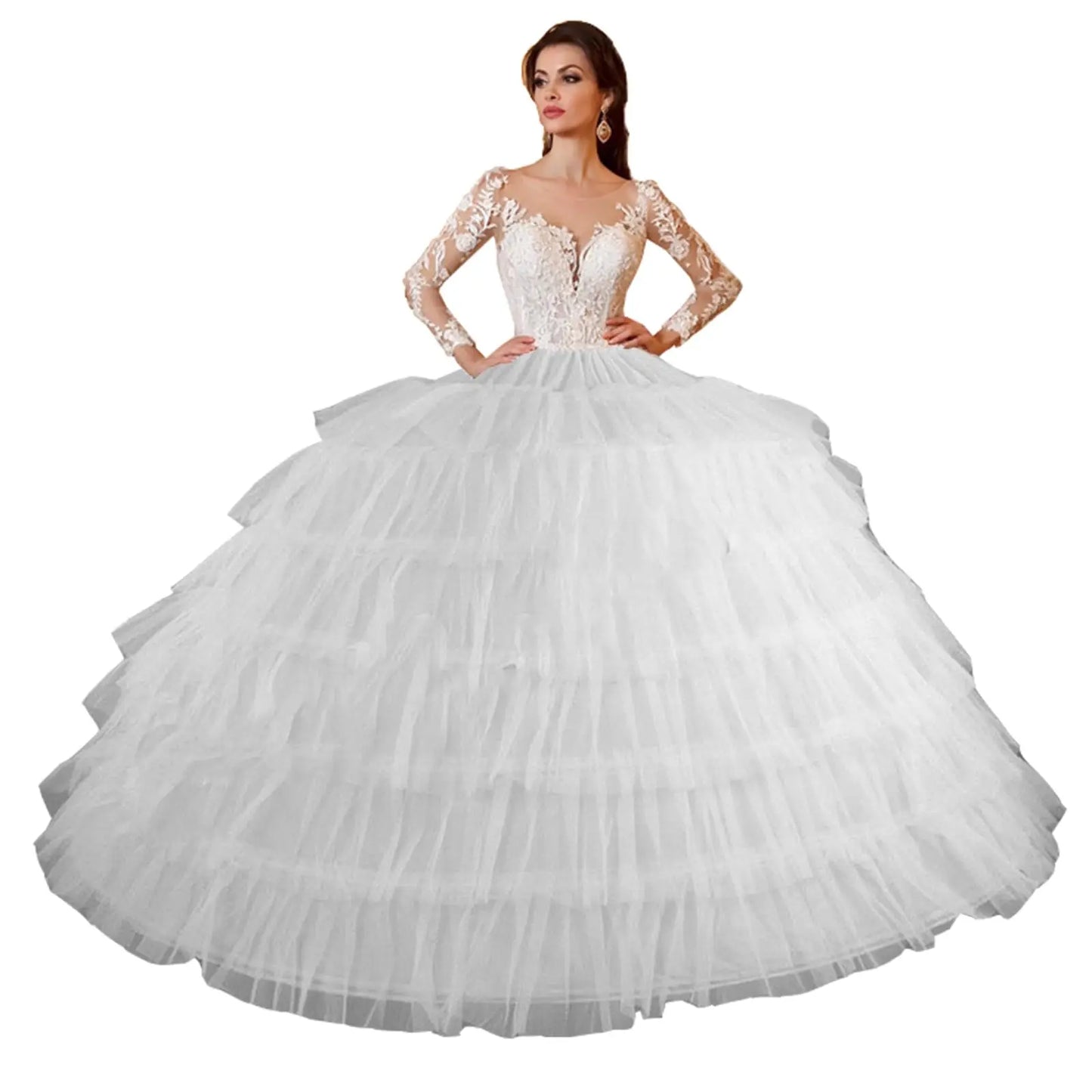 Elegant white ball gown with lace sleeves and a full hoop skirt, perfect for weddings and special occasions.