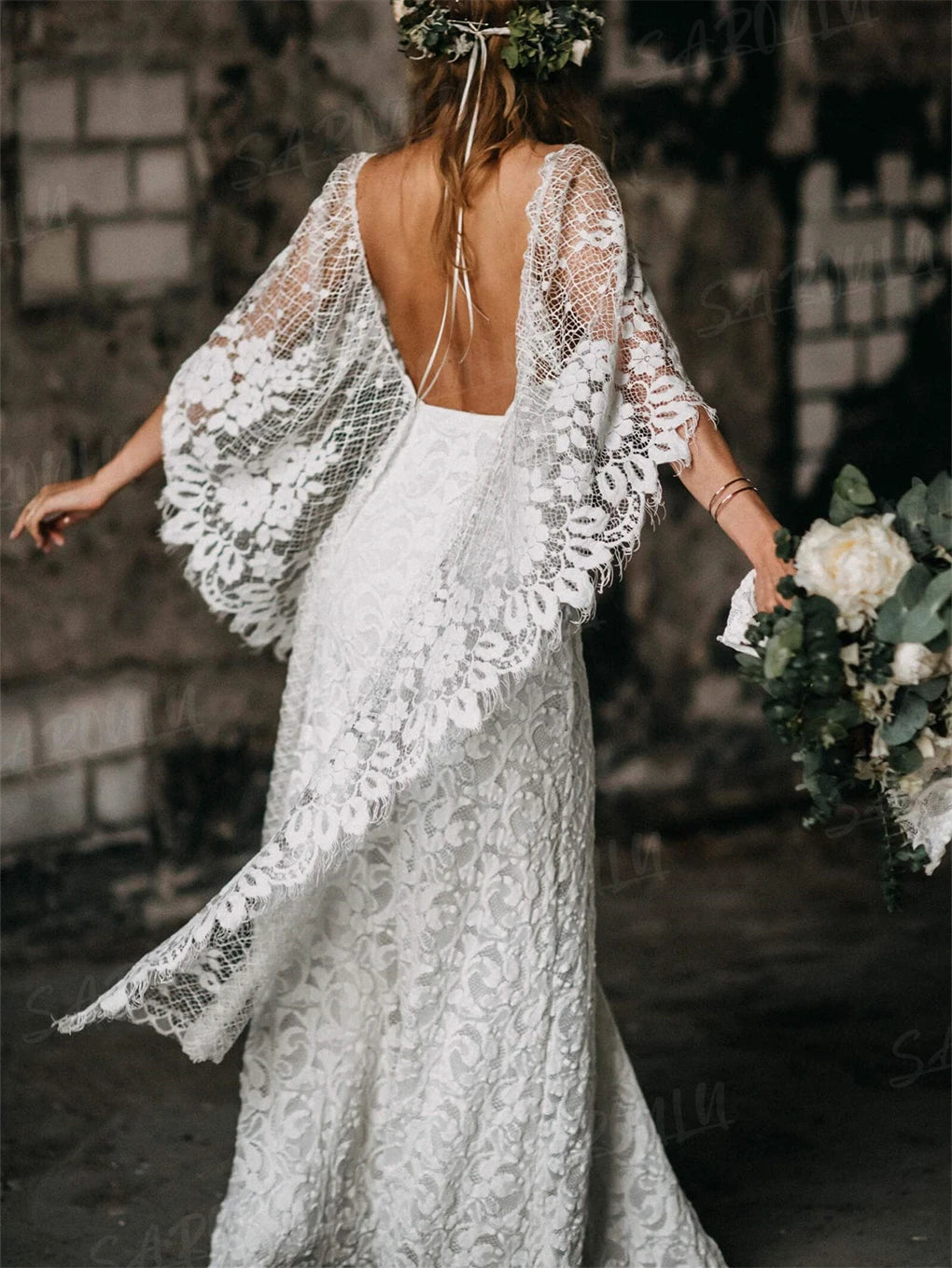 Bohemian Lace Wedding Dress Flare Sleeve Side Slit V Neck Bridal Gown, turn heads on your big day in this stunning boho lace gown that screams modern romance