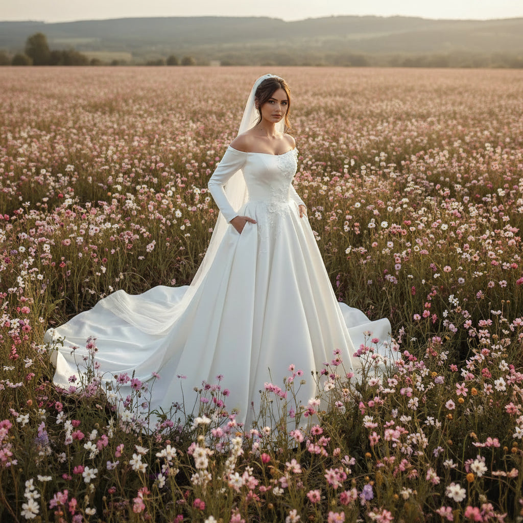 A-line Off the Shoulder Lace up Satin Wedding Dress