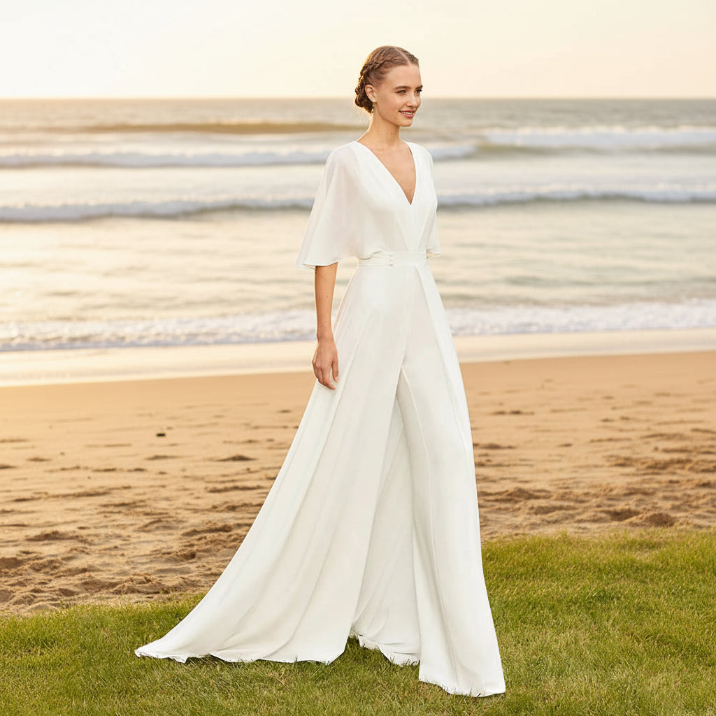 Wedding Jumpsuit Chiffon Boho Beach Bridal Pants Suit White / 14