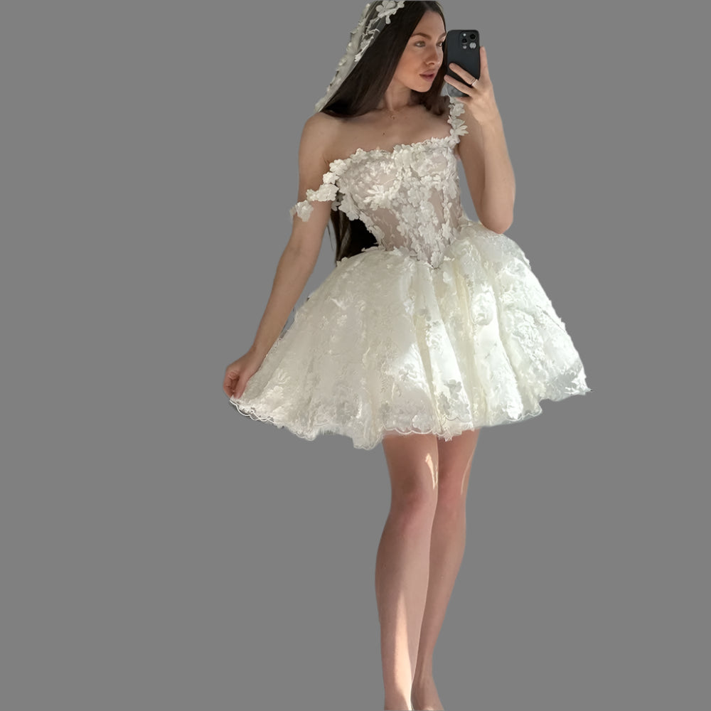 Mini Wedding Dress Boho Lace Floral Bridal Gown, Enhance your elegance with our Boho Lace Mini Ball Gown Floral Dress.