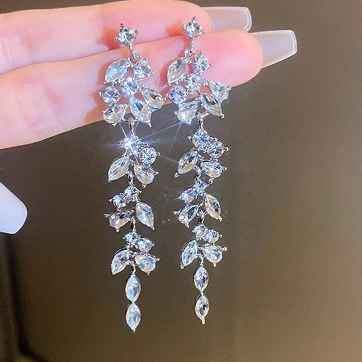 Crystal Tassel Earrings Long Dangle Floral Bridal Earrings, These elegant long dangle earrings feature a delicate leaf pattern