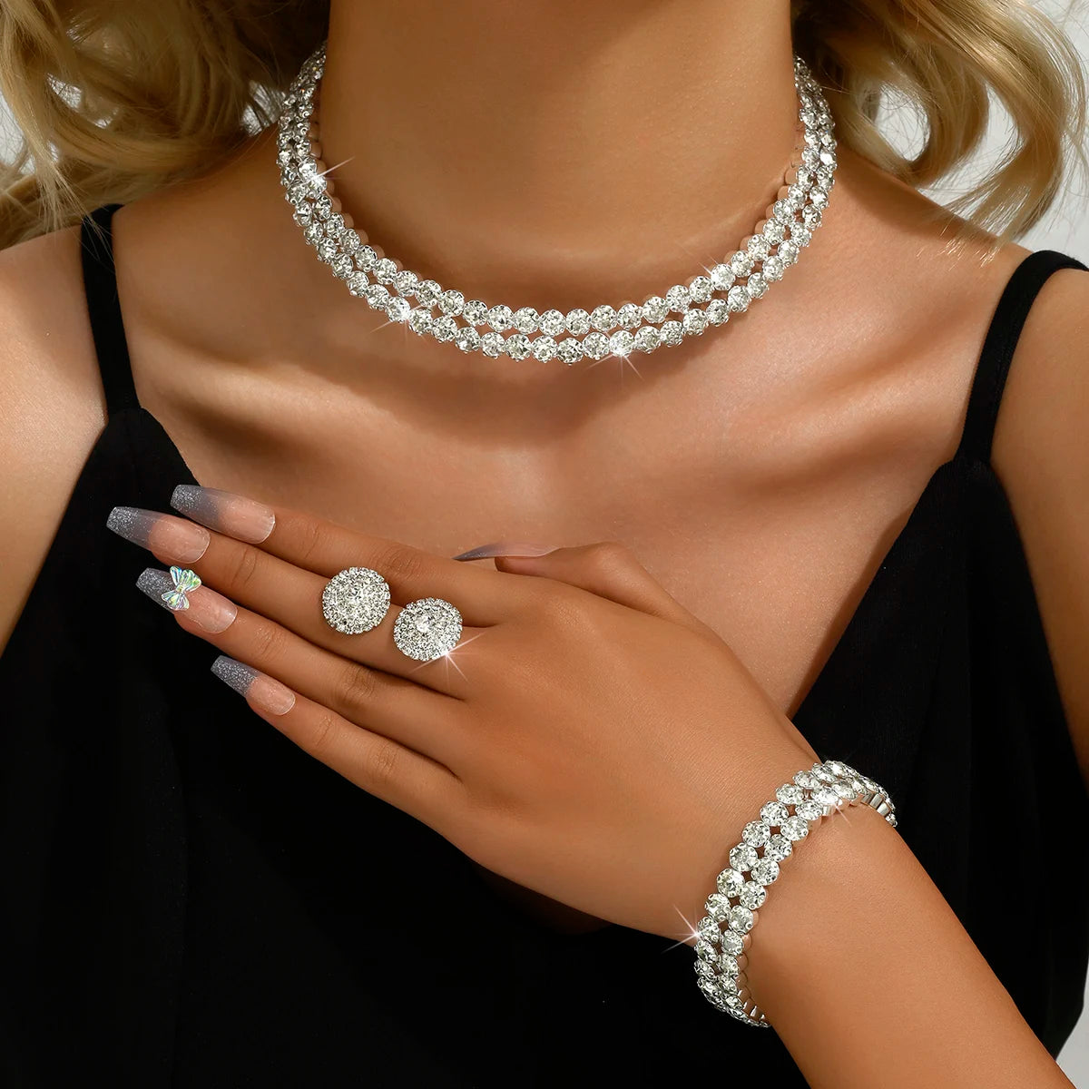 Jewelry Set Crystal Rhinestone Earrings Necklace Bracelet Accessories, This elegant and stylish jewelry set is perfect for any formal event. I