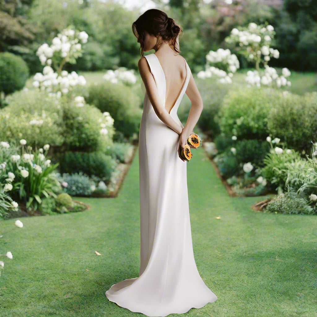 Boho Wedding Dress Stretchy Crepe Sheath Open Back Bridal Gown, Create your ideal wedding day style with this stunning stretchy crepe sheath gown.