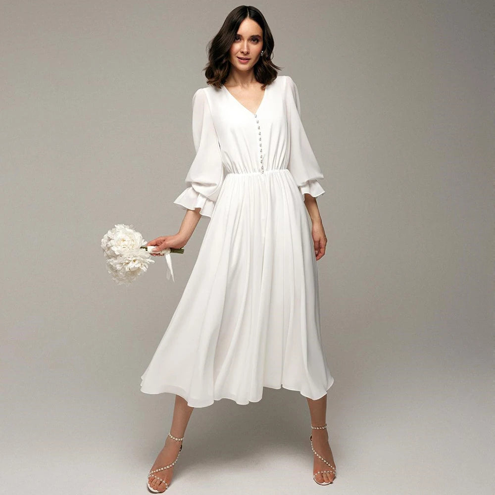 Tea Length Wedding Dress Chiffon V Neck A Line Bridal Dress, float down the aisle in this whimsical tea length wedding dress that captures boho romance with every step