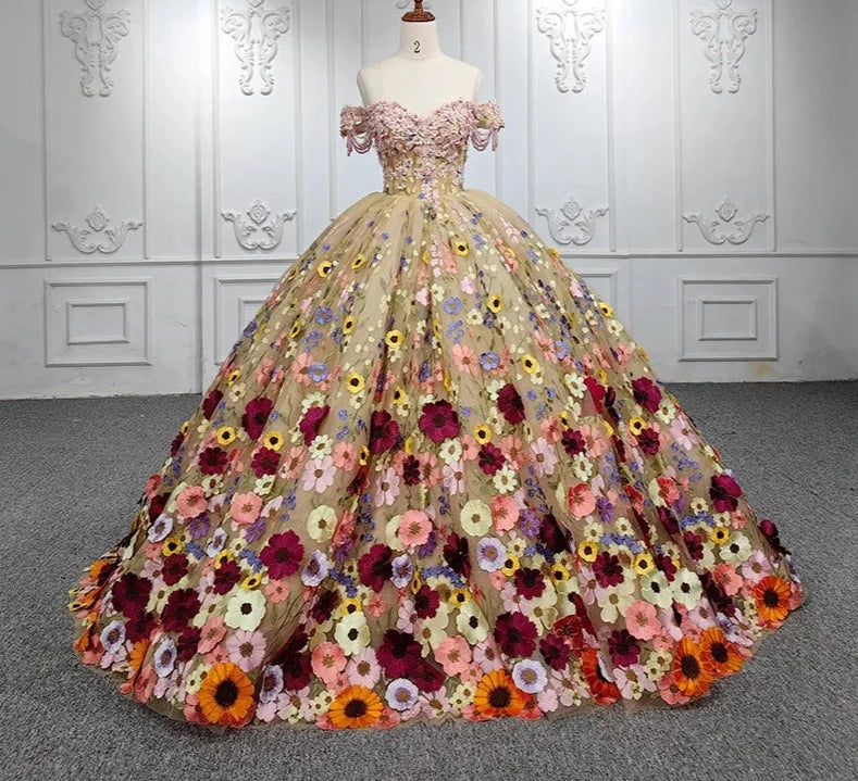 Quinceanera Dress Multi Colored Hand Sewn Floral Ball Gown, Embrace the beauty of nature with this A-line ball gown, with its colorful lace flowers
