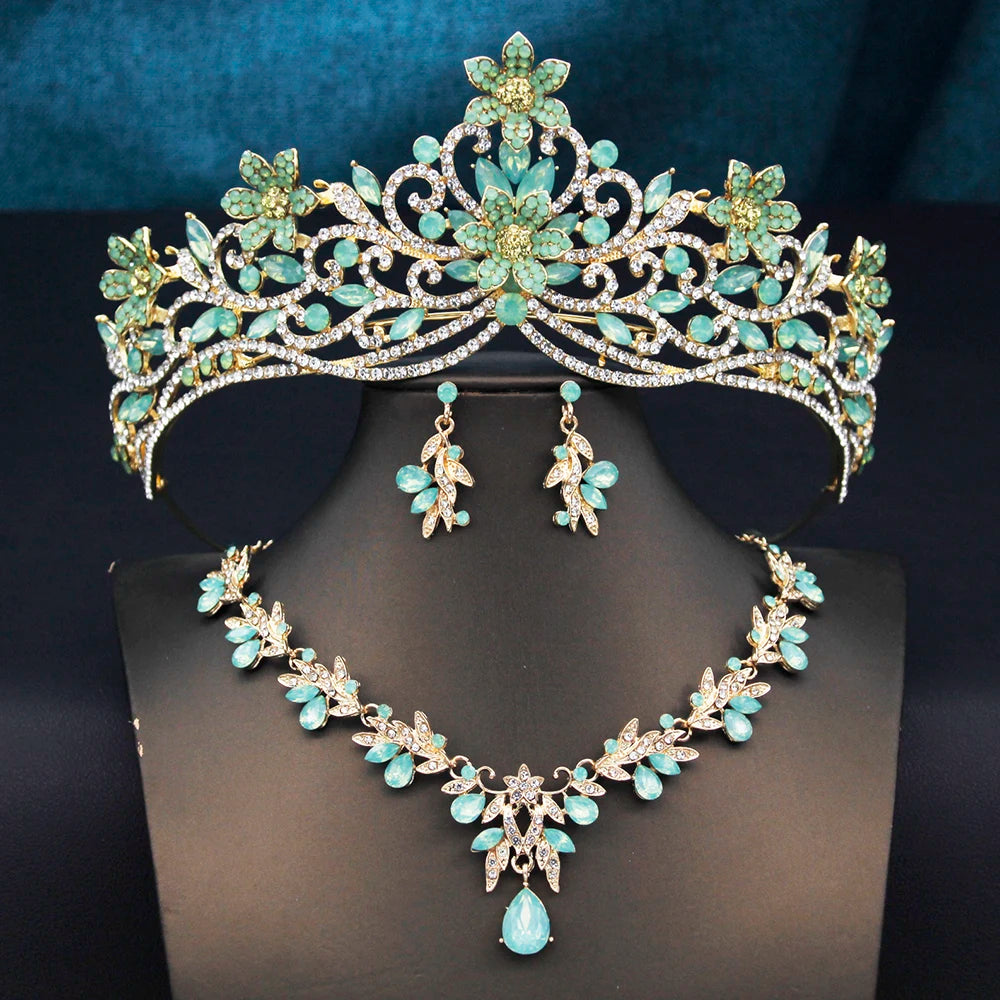 Crystal Flower Crown Bridal Jewelry Sets Tiaras Necklace Earrings