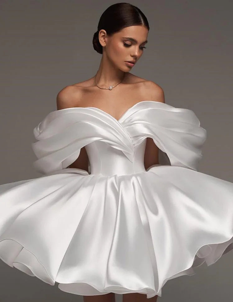 Mini Wedding Dress A Line Soft Satin Off The Shoulder Bridal Gown, embrace modern bridal style with this charming A-line mini wedding dress crafted from luxurious soft satin