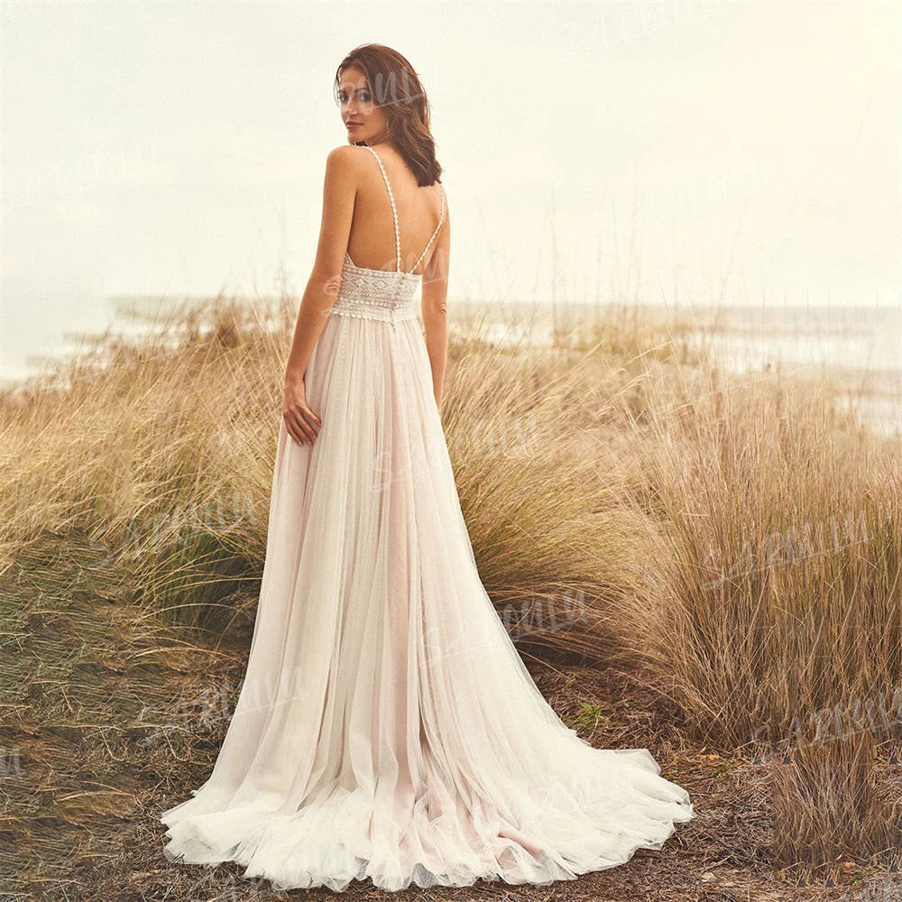 Boho Lace Wedding Dress A-line V-neck Backless Bridal Gown, effortlessly chic and undeniably romantic, this boho-inspired gown combines delicate lace