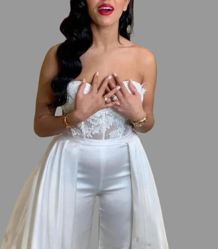 Wedding Jumpsuit Boho Lace Satin Detachable Train Bridal Pants Suit, ditch the traditional dress and make a bold statement in this stunning boho wedding jumpsuit