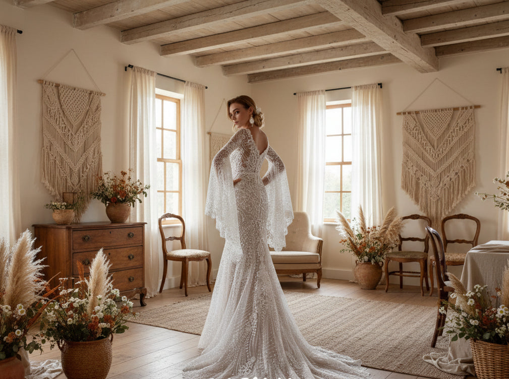 Bohemian Wedding Dress Long Flare Sleeve Side Slit Champagne Lining, embrace your free-spirited side in this stunning bohemian wedding dress that defies convention