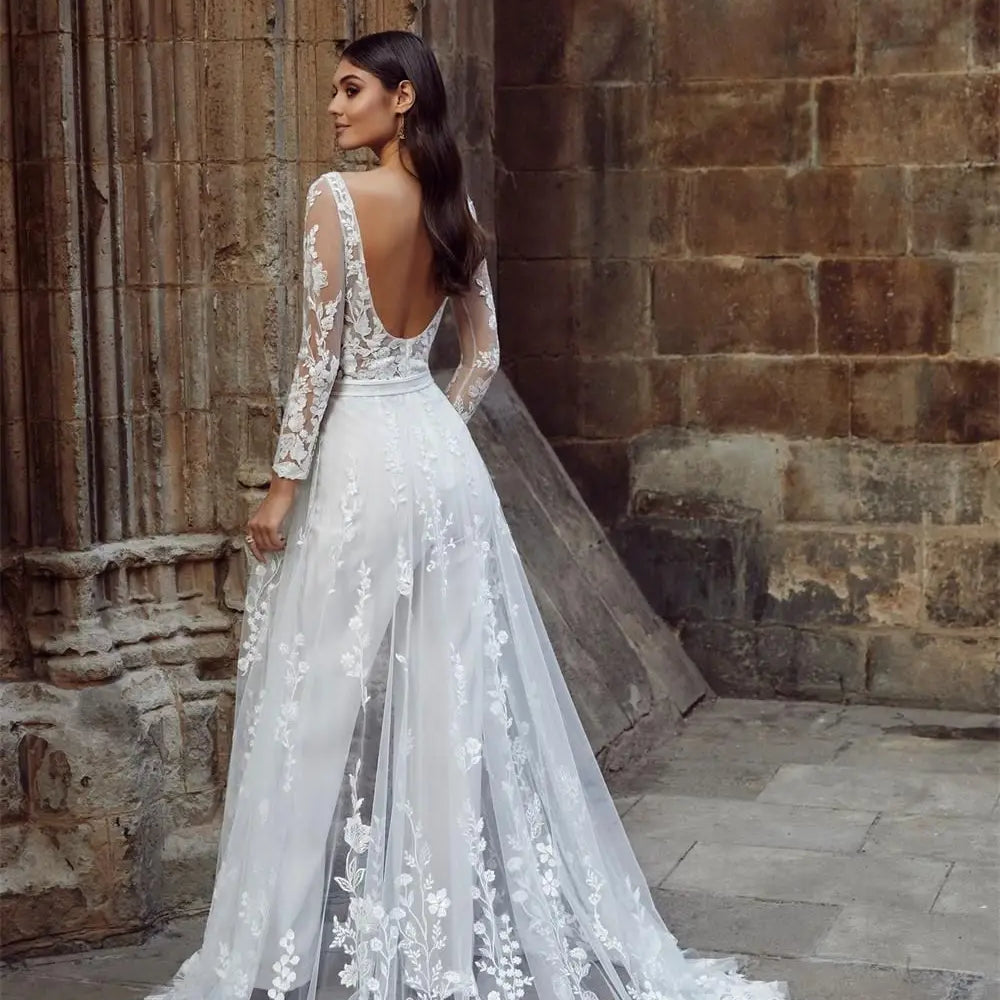 Wedding Lace Boho Jumpsuit Removable Train Illusion Lace Ivory / 6