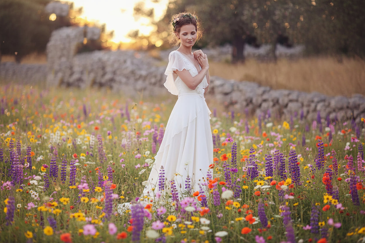 Boho Wedding Dress Ruffle V-Neck Chiffon A Line Beach Bridal Gown, Embrace the bohemian beach vibes in this breathtaking wedding dress! 
