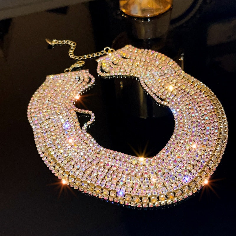 Rhinestone Crystal Choker Necklace for Women Multilayer Chain Jewelry