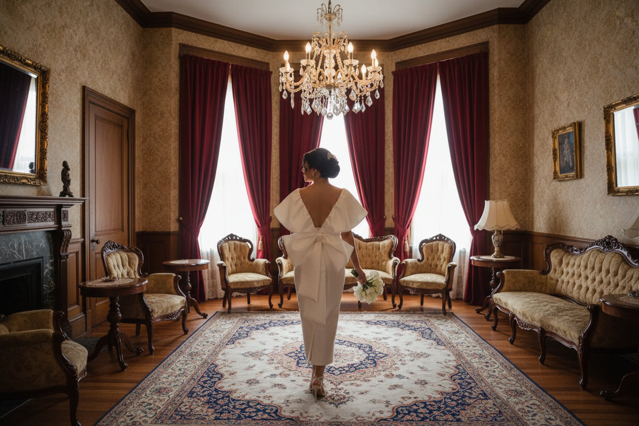 Tea Length Wedding Dress with Bow Open Back Satin Bridal Gown, step into timeless romance with this enchanting tea length wedding dress that proves less is more.