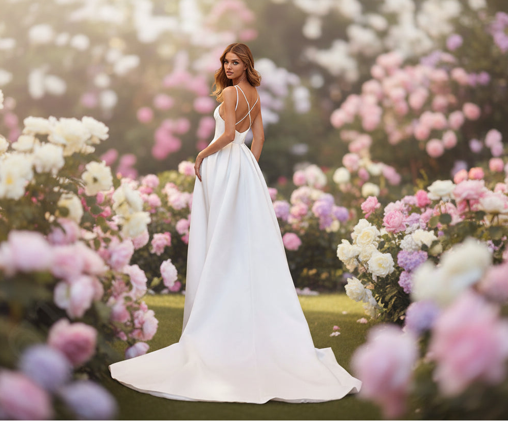 Boho Wedding Dress A Line V Neck Satin Court Train Bridal Gown, embrace effortless elegance with this boho chic wedding dress that celebrates your natural beauty