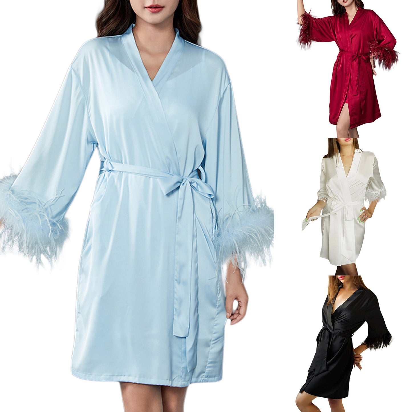 Short Satin Feather Honeymoon Robe