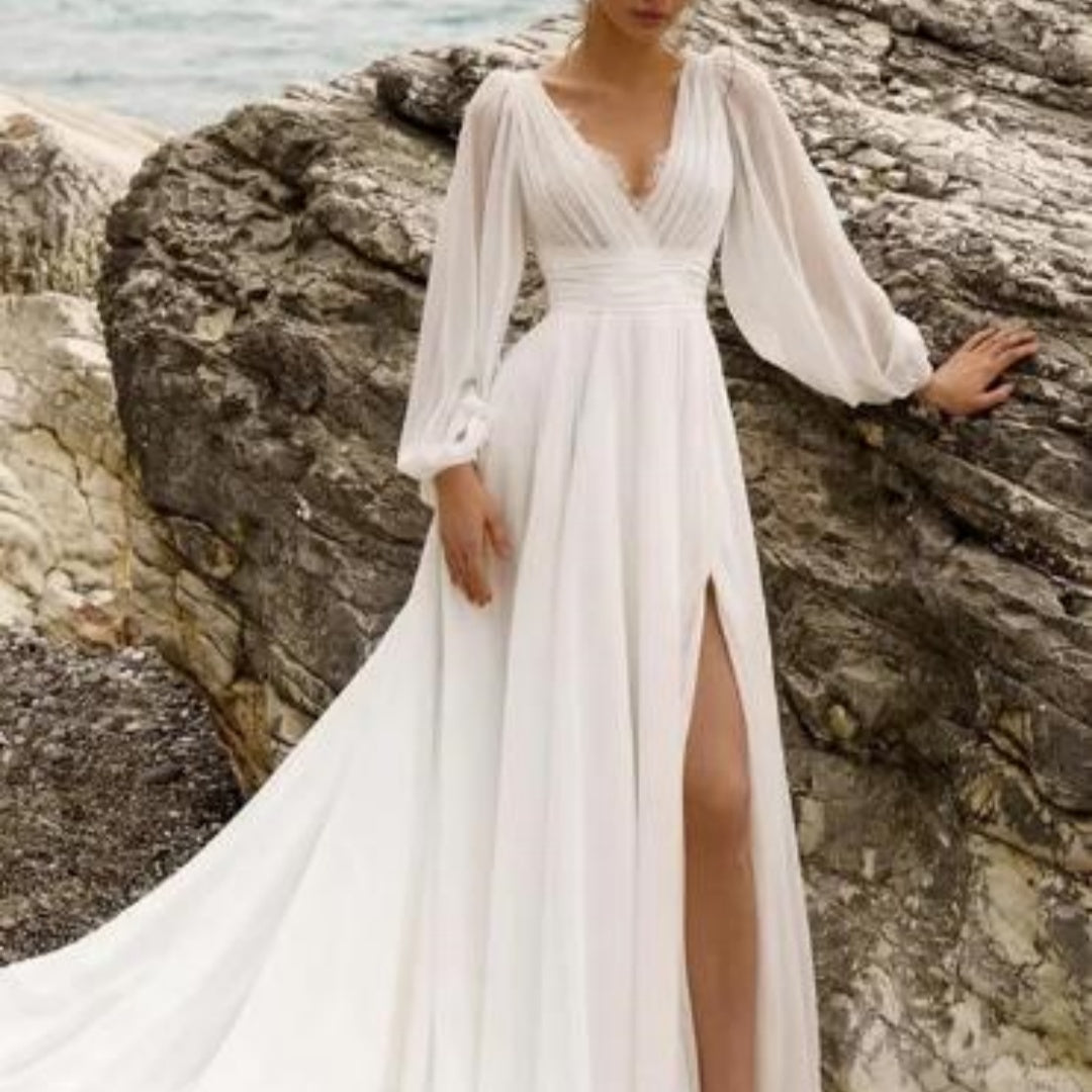 Plus Size Wedding Dress Long Sleeve High Slit Bridal Gown