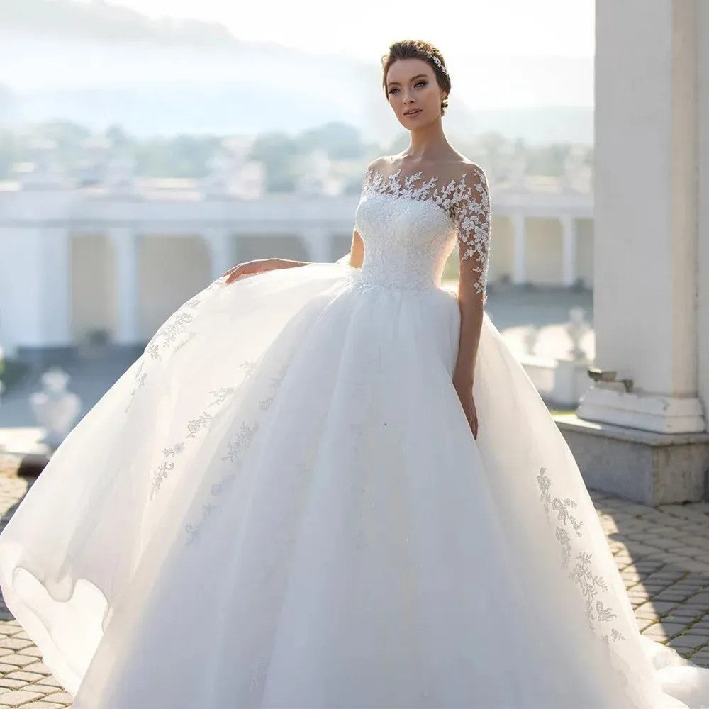 long sleeve mesh wedding dress Illusion V-Neck Embroidered Mesh Long Wedding Gown