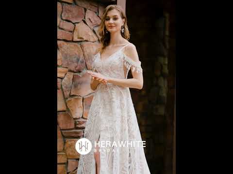 Wedding Dress Beach Bohemian Lace with Plunging V-Neckline