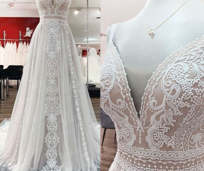 Boho Wedding Dress Lace Tulle V Neck Sleeveless Open Back Gown, boho chic a line wedding day bridal gown featuring a lace bodice overlay with a deep V front