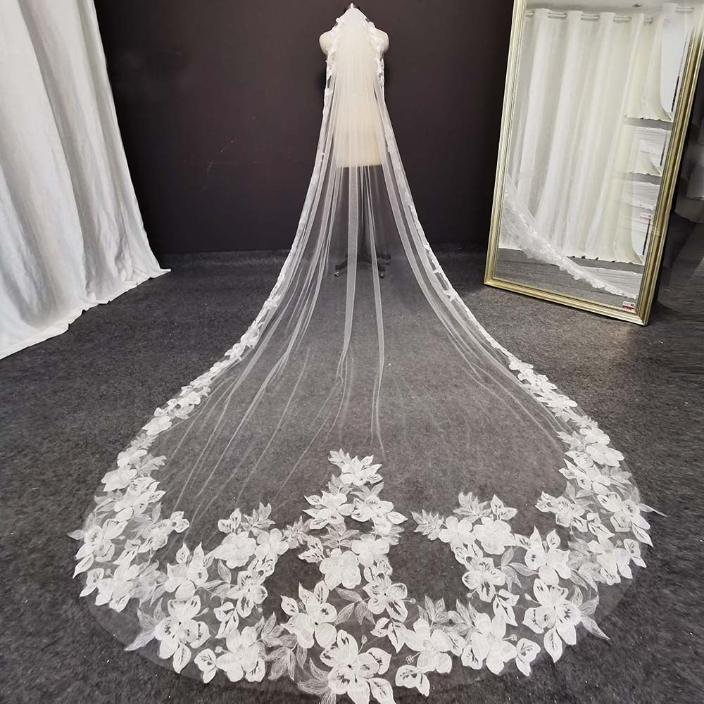 Cathedral Veil 1 Layer Bridal Wedding Accessory, Make an unforgettable entrance with this stunning cathedral lace wedding veil, spanning almost 10 feet in length
