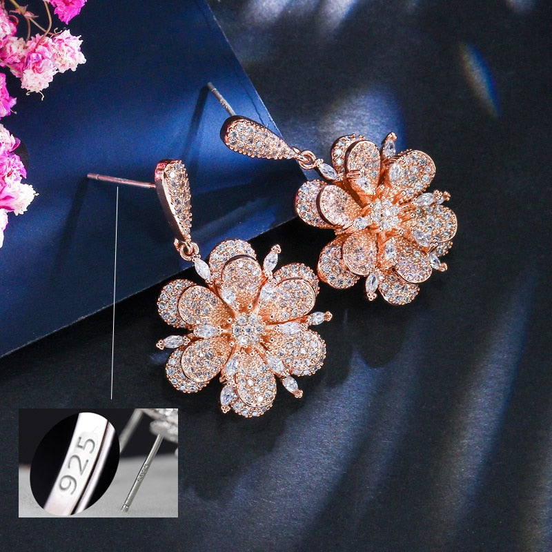 Cubic Zirconia Flower Earrings Party Evening Jewelry Accessory, Sparkly rose gold color ladies earrings featuring a post stud style drop earring