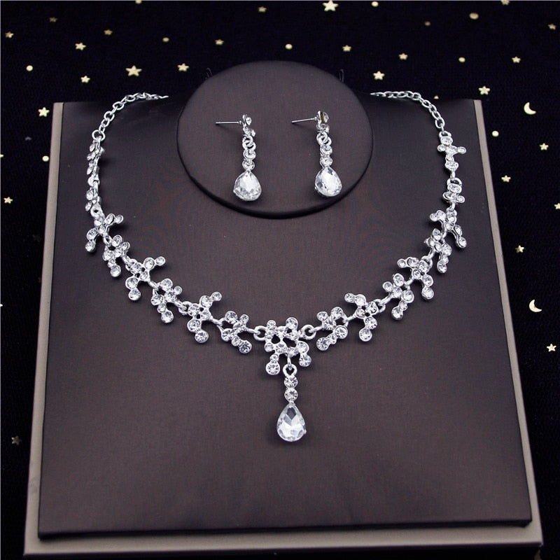 Wedding Jewelry Set Crystal Necklace Earring Fashion Accessories, Princess crystal wedding day party pageant jewelry sets featuring a tiara crown necklace 